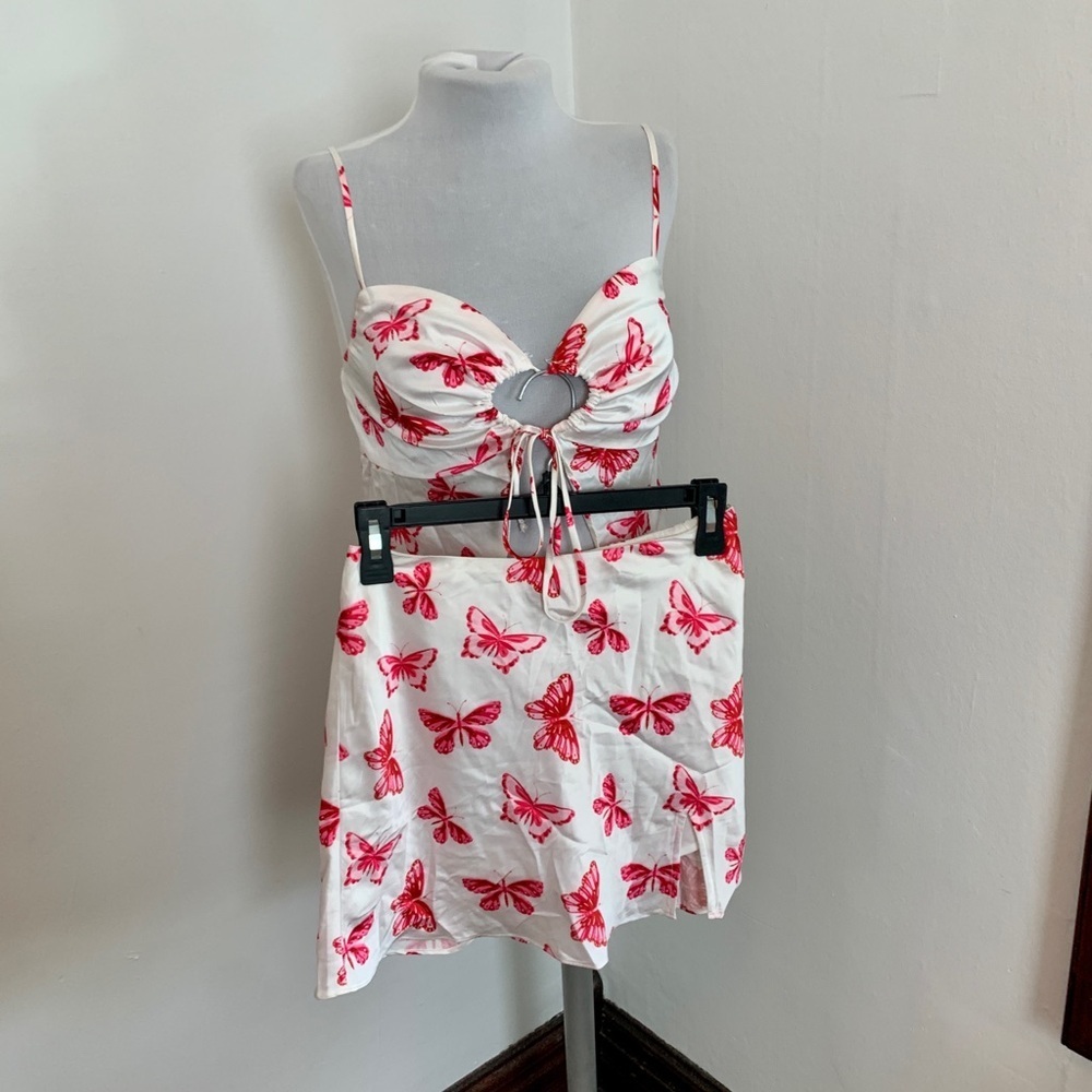 Cotton Candy LA Satin Silky 2 pc Skirt Crop Tie Top Set Butterfly Club Festival